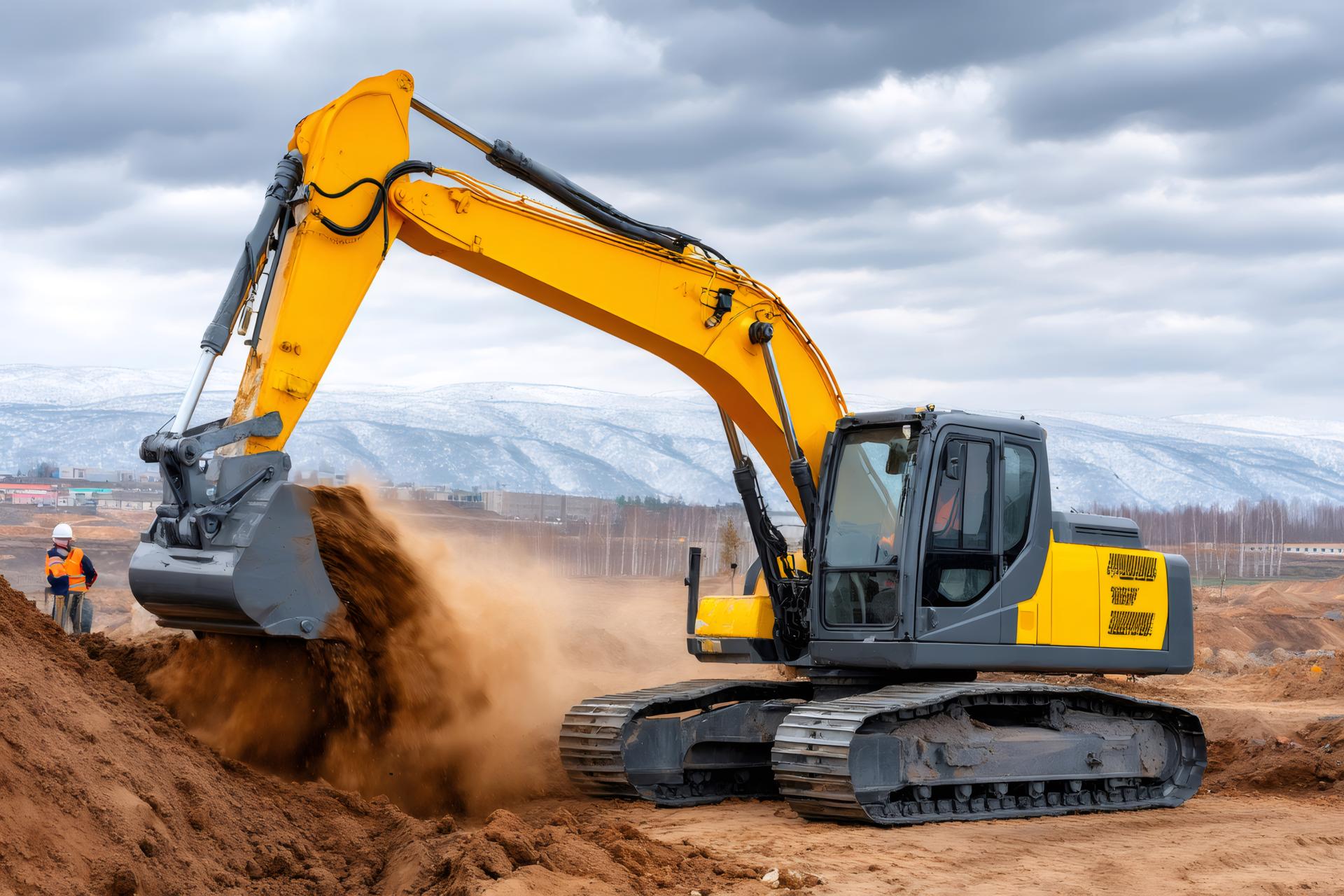 Excavator digging earth and creating dust on construction site