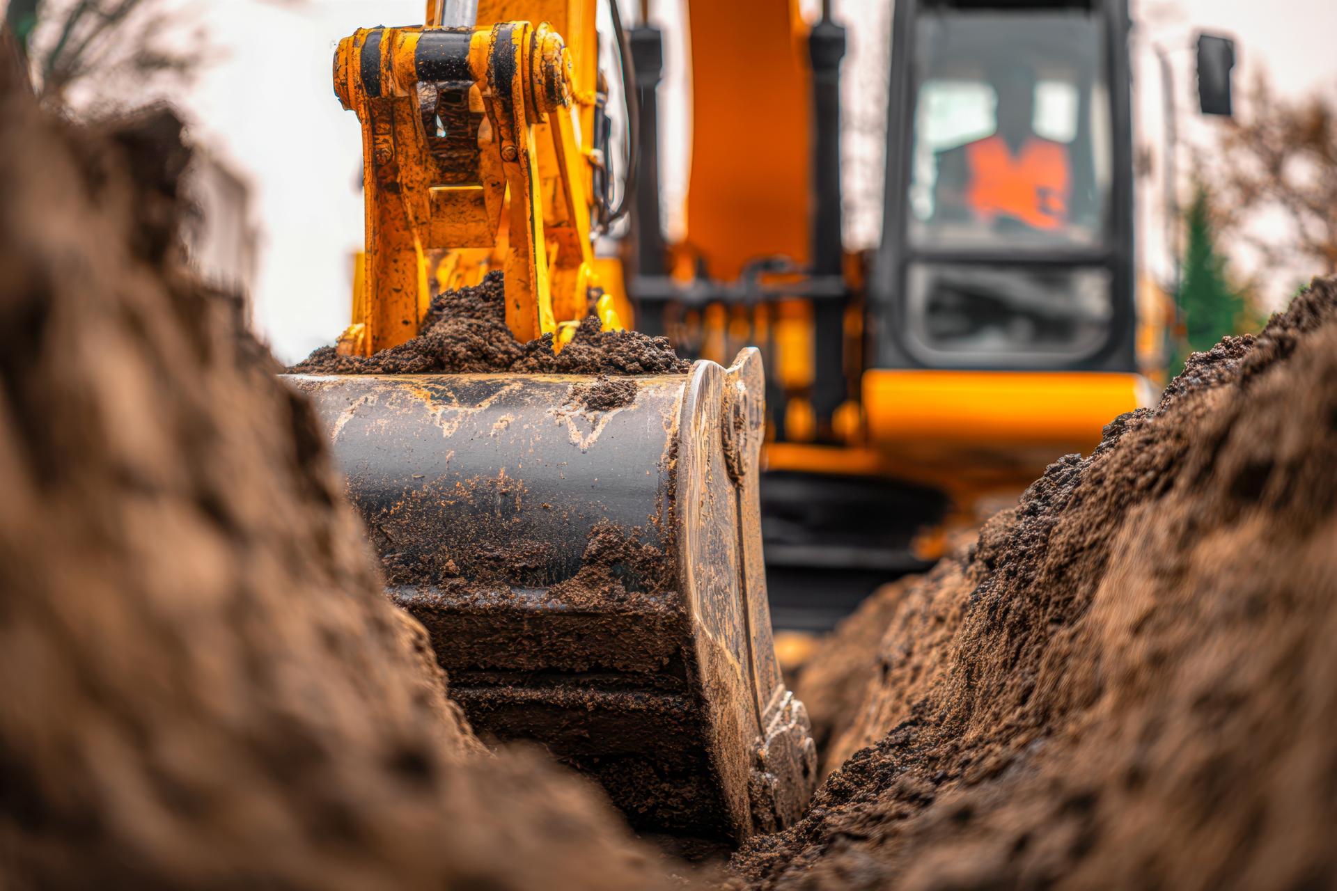 Close-up of excavator bucket digging soil on construction site, symbolizing heavy machinery, industry, groundwork, excavation, development, engineering and building process