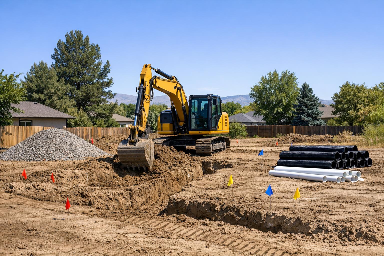 Stock photo of excavation site in Boise featuring heavy machinery, cleared ground, utility markings, and construction materials, representing residential site preparation.