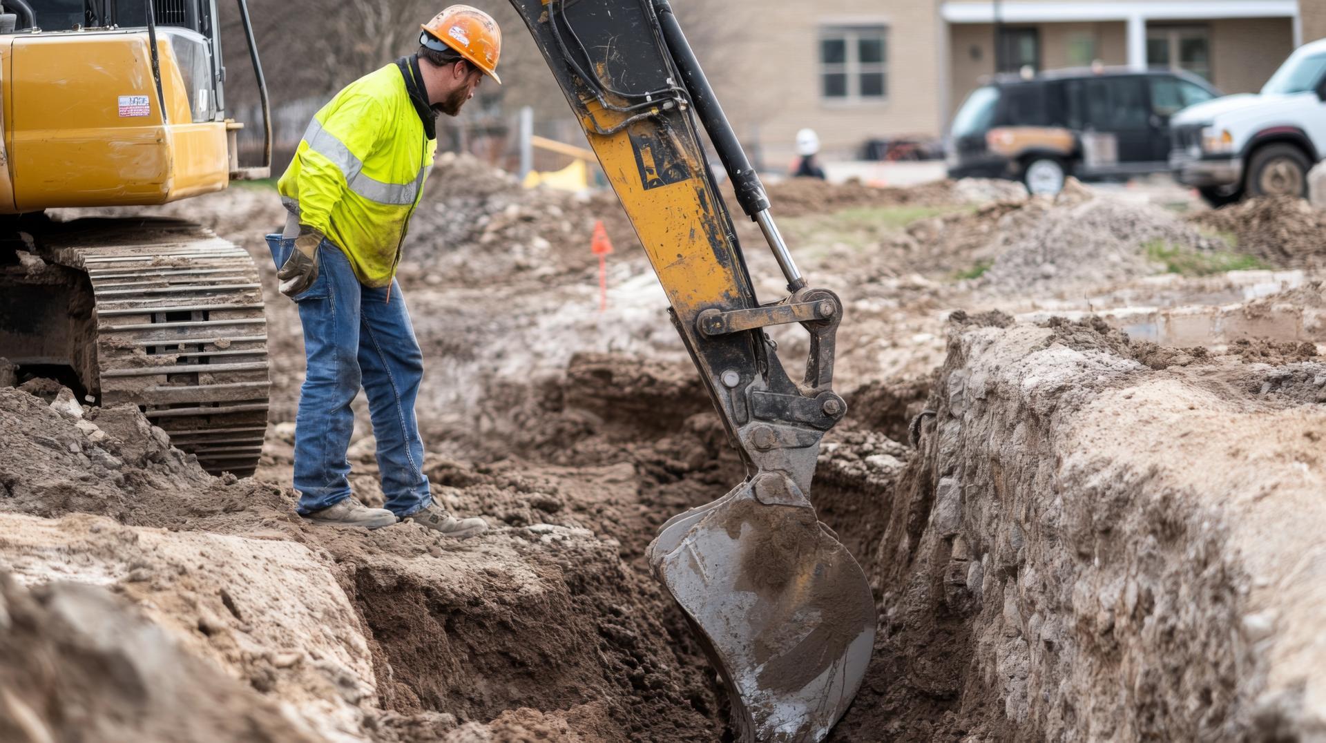 Construction Worker Observing Excavator Digging a Trench
