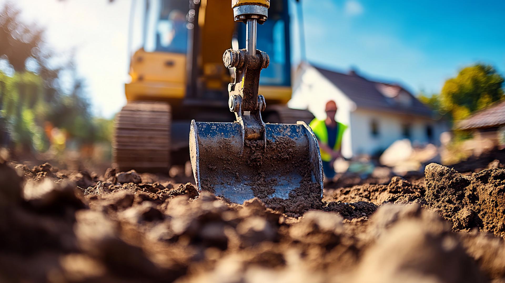 Closeup of excavator bucket digging in dirt during construction.