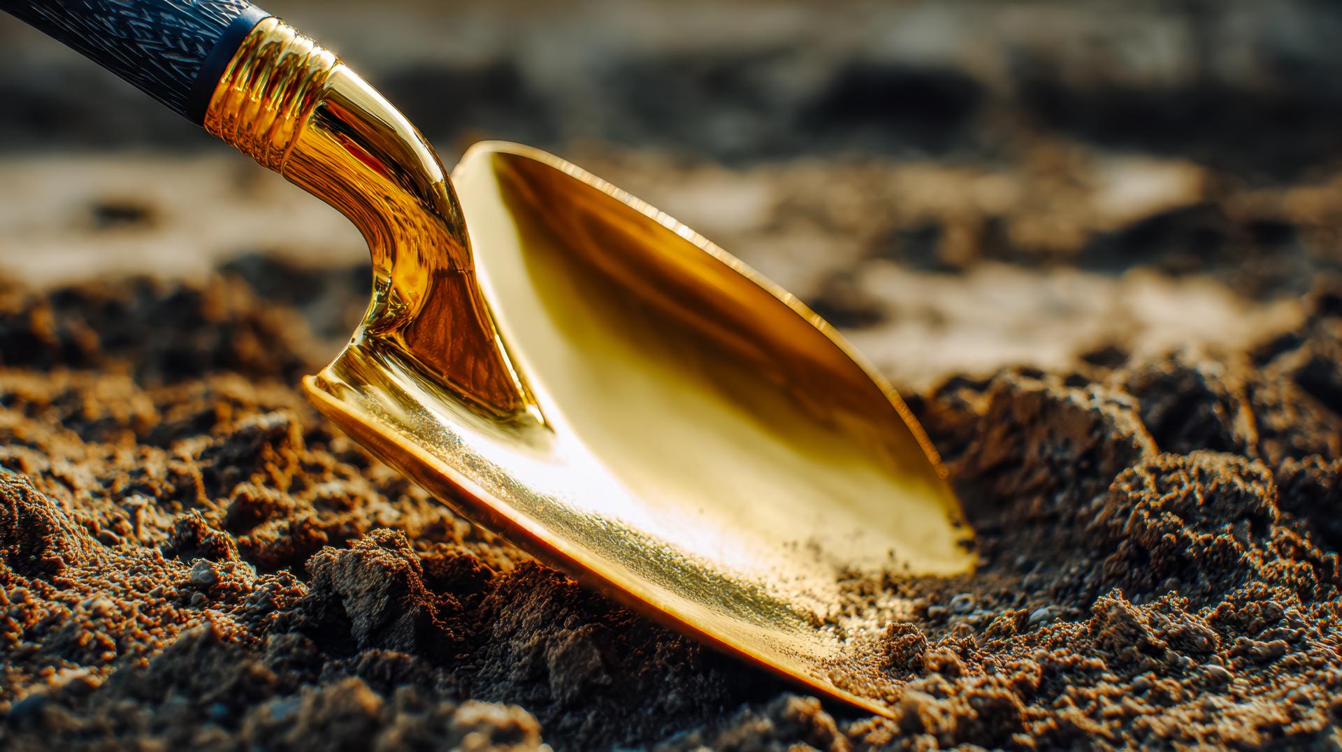 Shovel with a gold finish gently placed in the sand, highlighting a moment of exploration and discovery in a natural setting