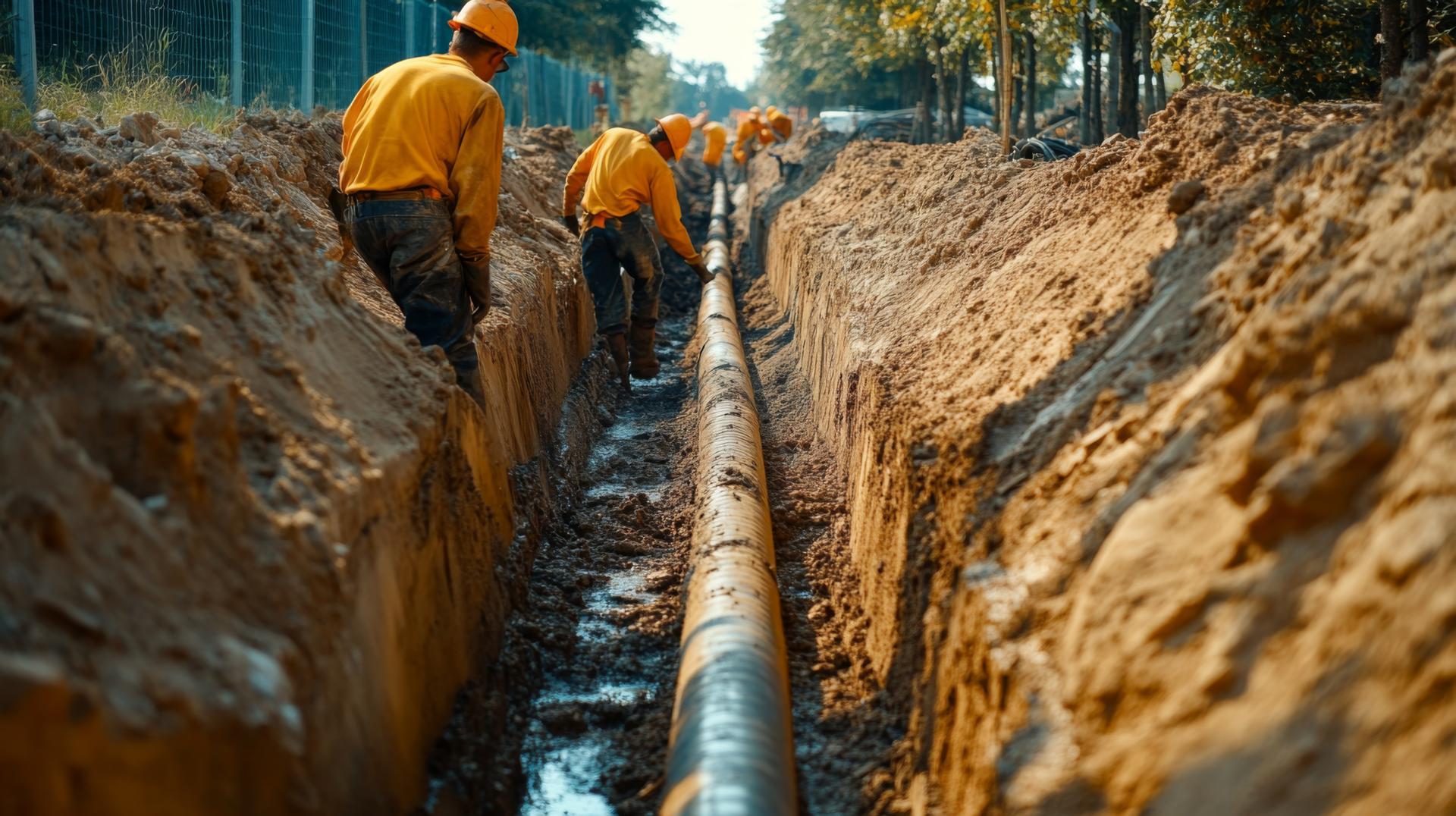 Workers Installing a Large Pipe in a Trench