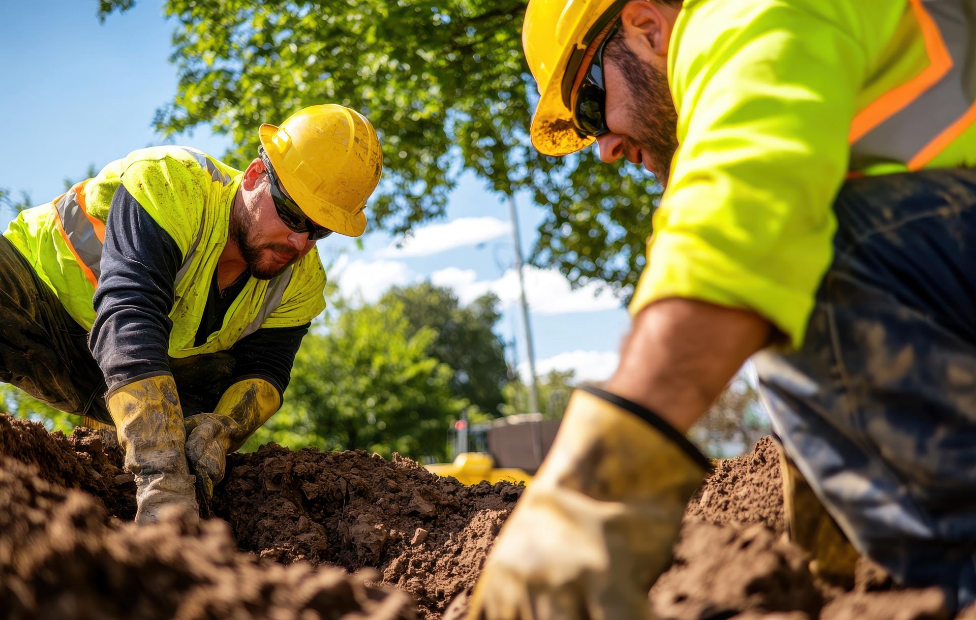 Construction workers focus on safety while digging foundation