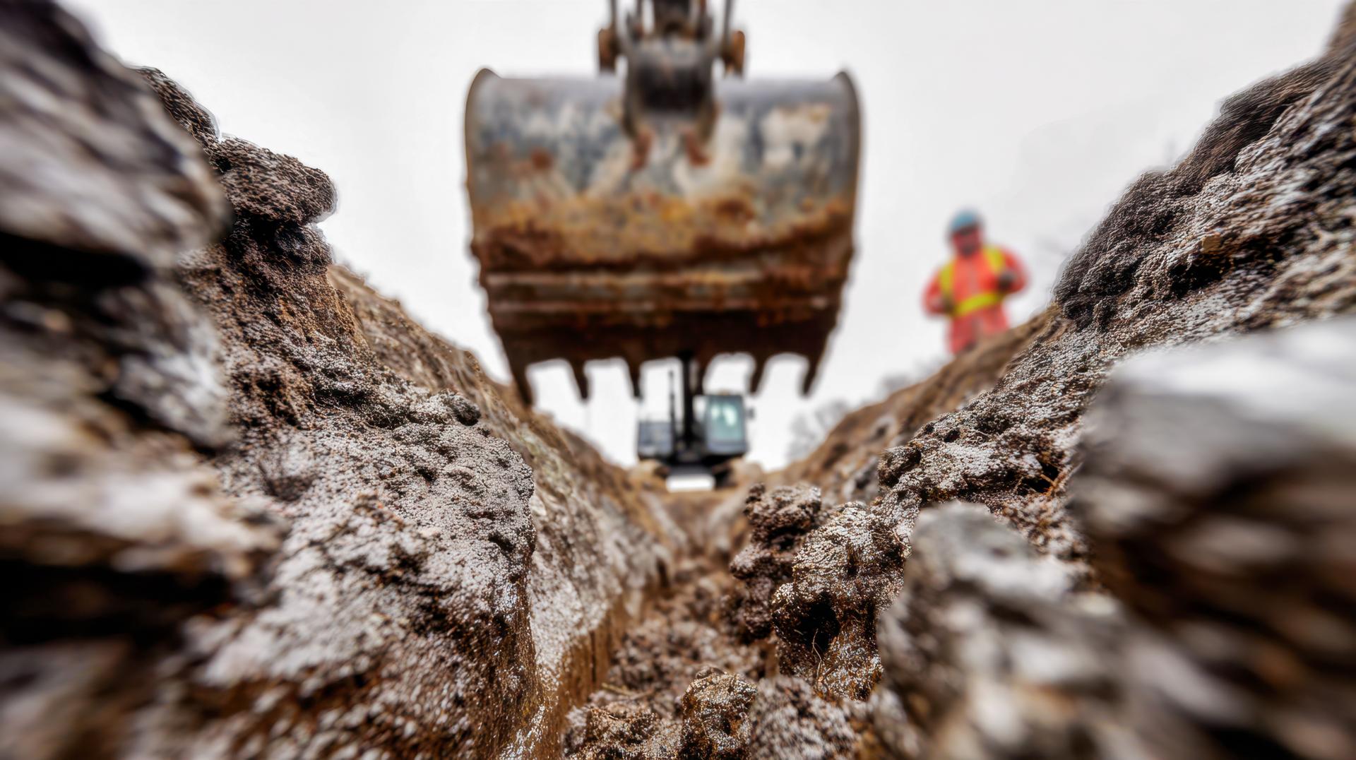 Close-up view of construction machinery excavating a trench with a worker in safety gear observing in the background, highlighting active earth-moving operations in a construction