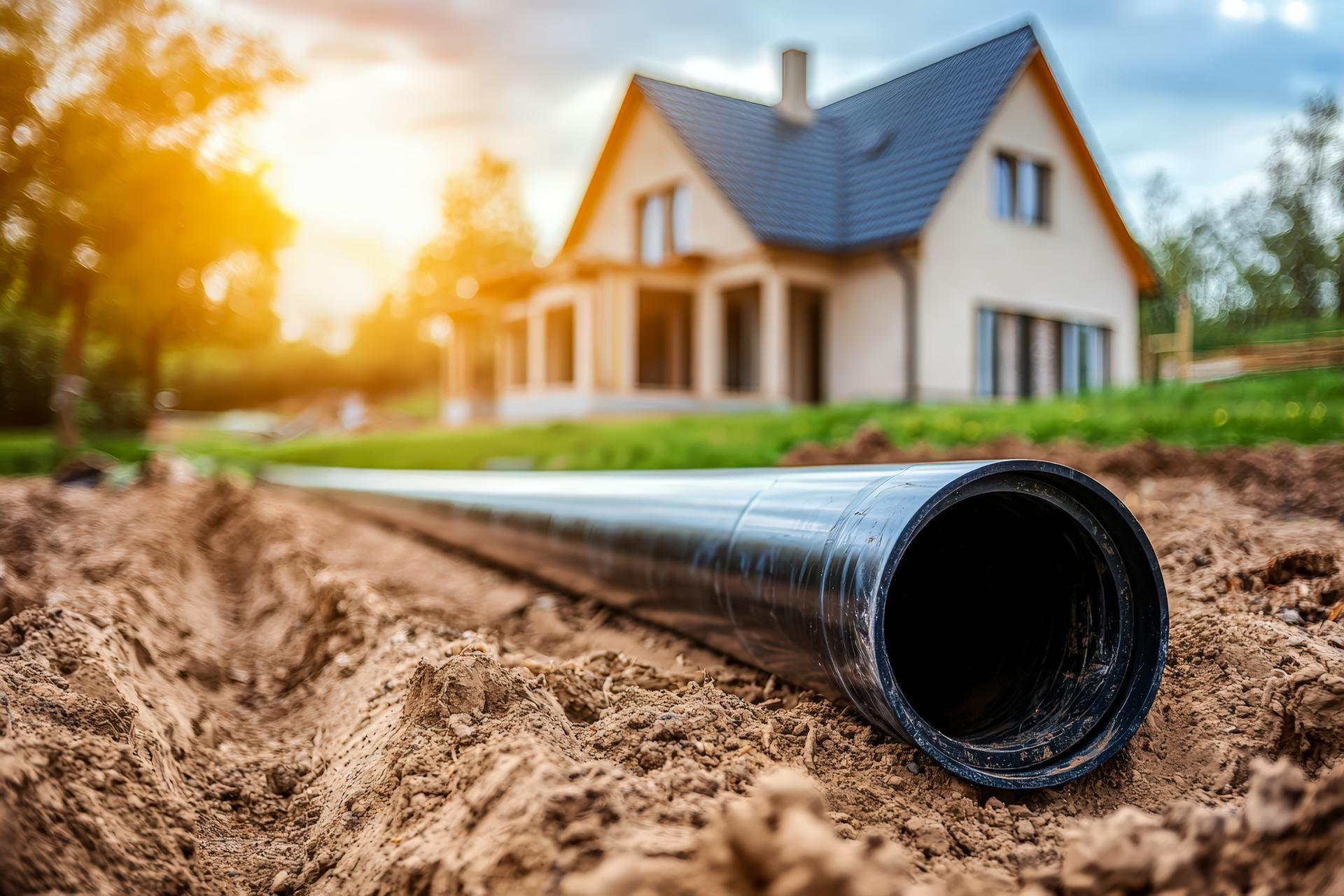 New house construction with underground pipeline installed in front of modern home during sunset
