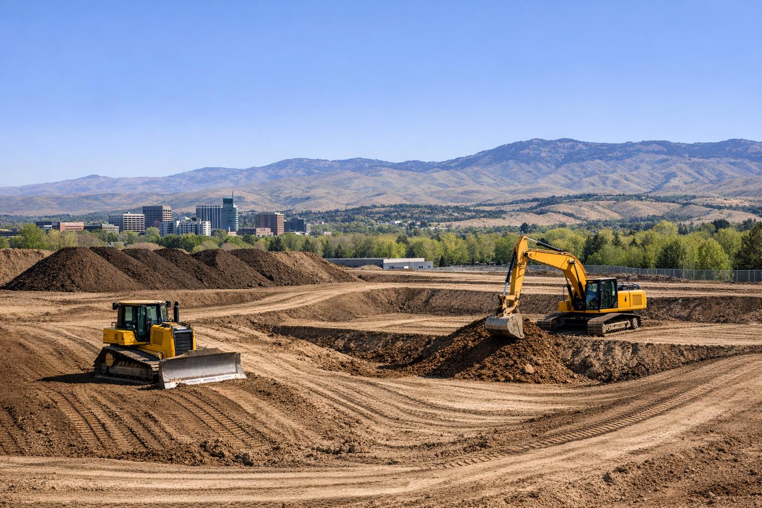 A professionally graded construction site in Boise showing cut and fill areas, stockpiled soil, and equipment, with clear signs of site preparation and Boise foothills in the background.