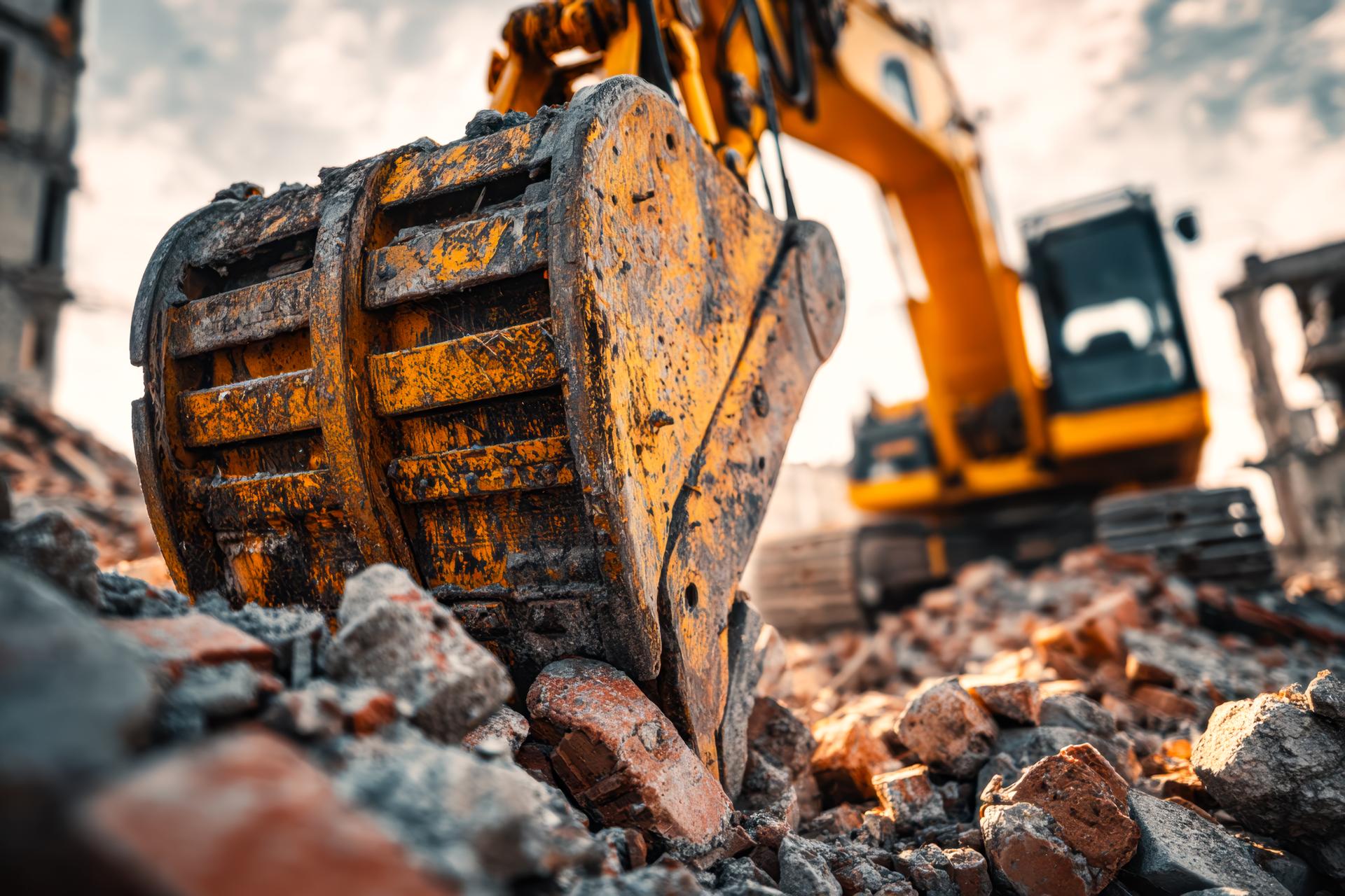 Heavy-duty excavator bucket working amidst debris on construction site