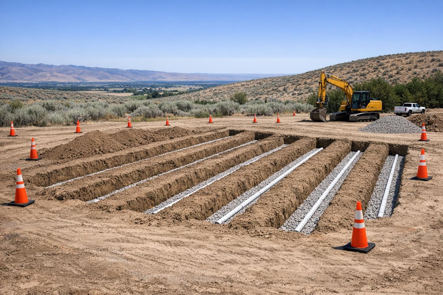 Stock photo of a Boise-area rural drainfield installation site with excavated trenches, protected construction zones, construction equipment in the background, and typical Treasure Valley landscape, with no people or faces visible.