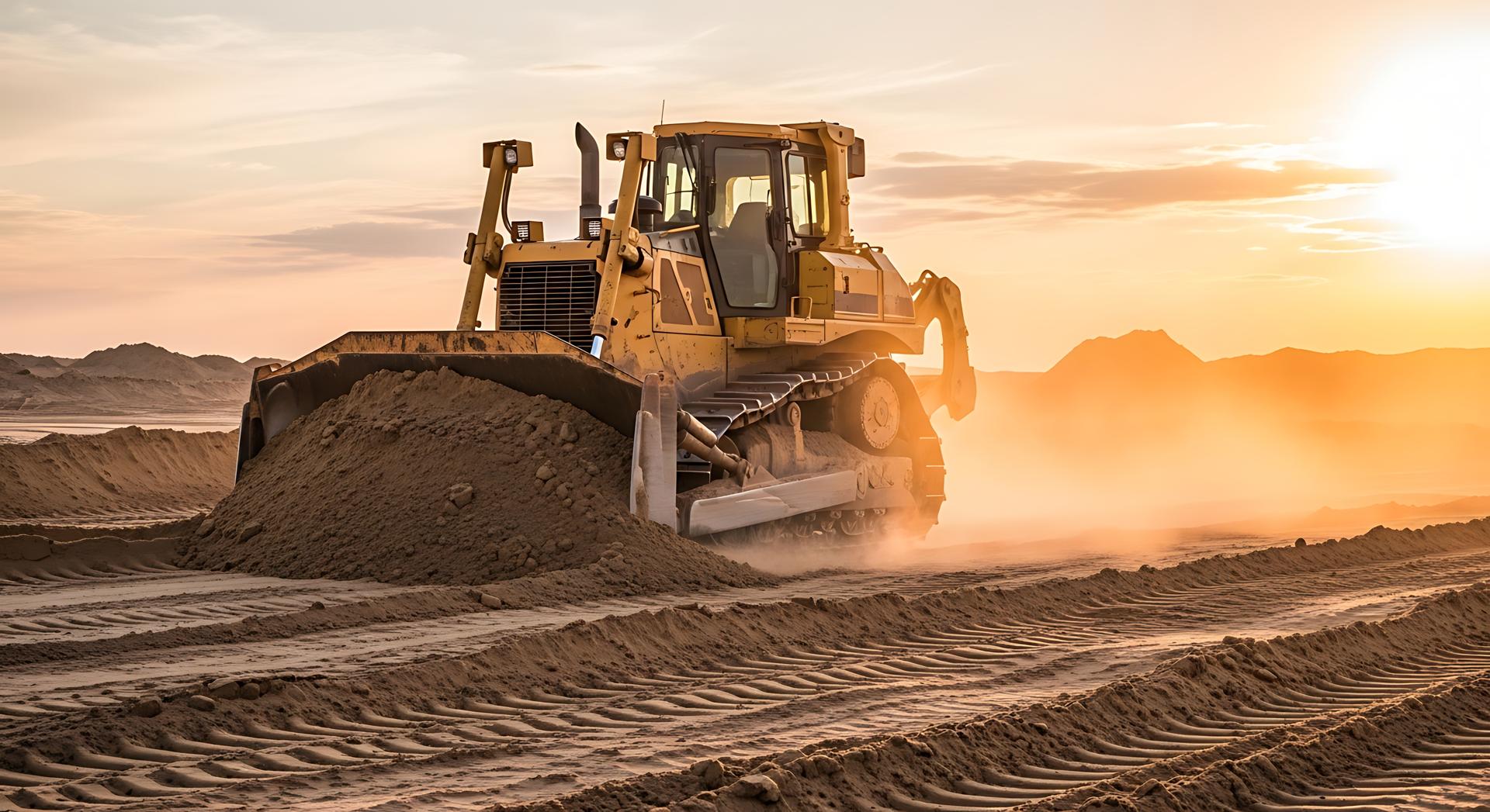 Heavy yellow bulldozer moving earth at a construction site during golden sunset.