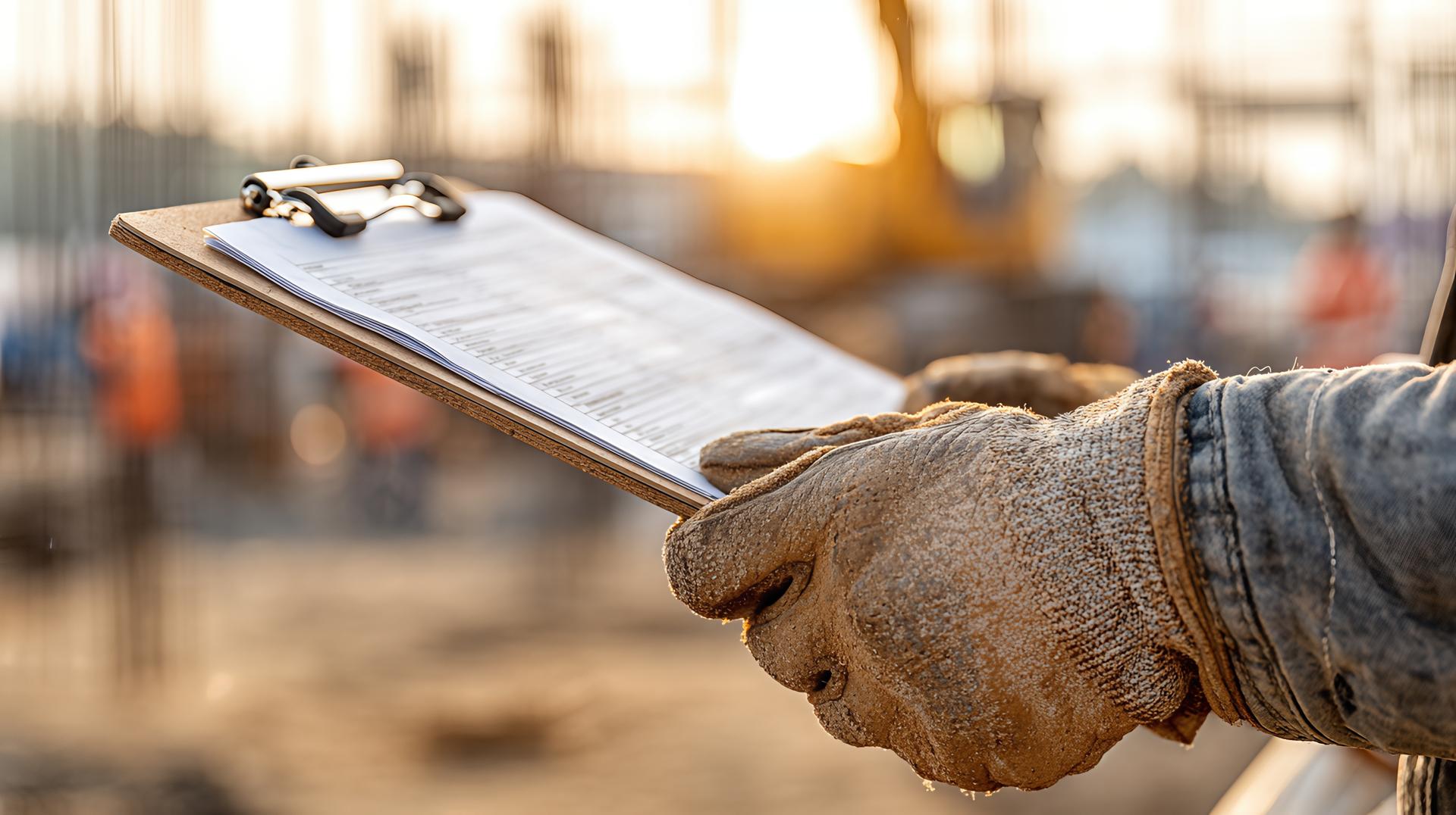 A construction worker holding a clipboard with a clipboard