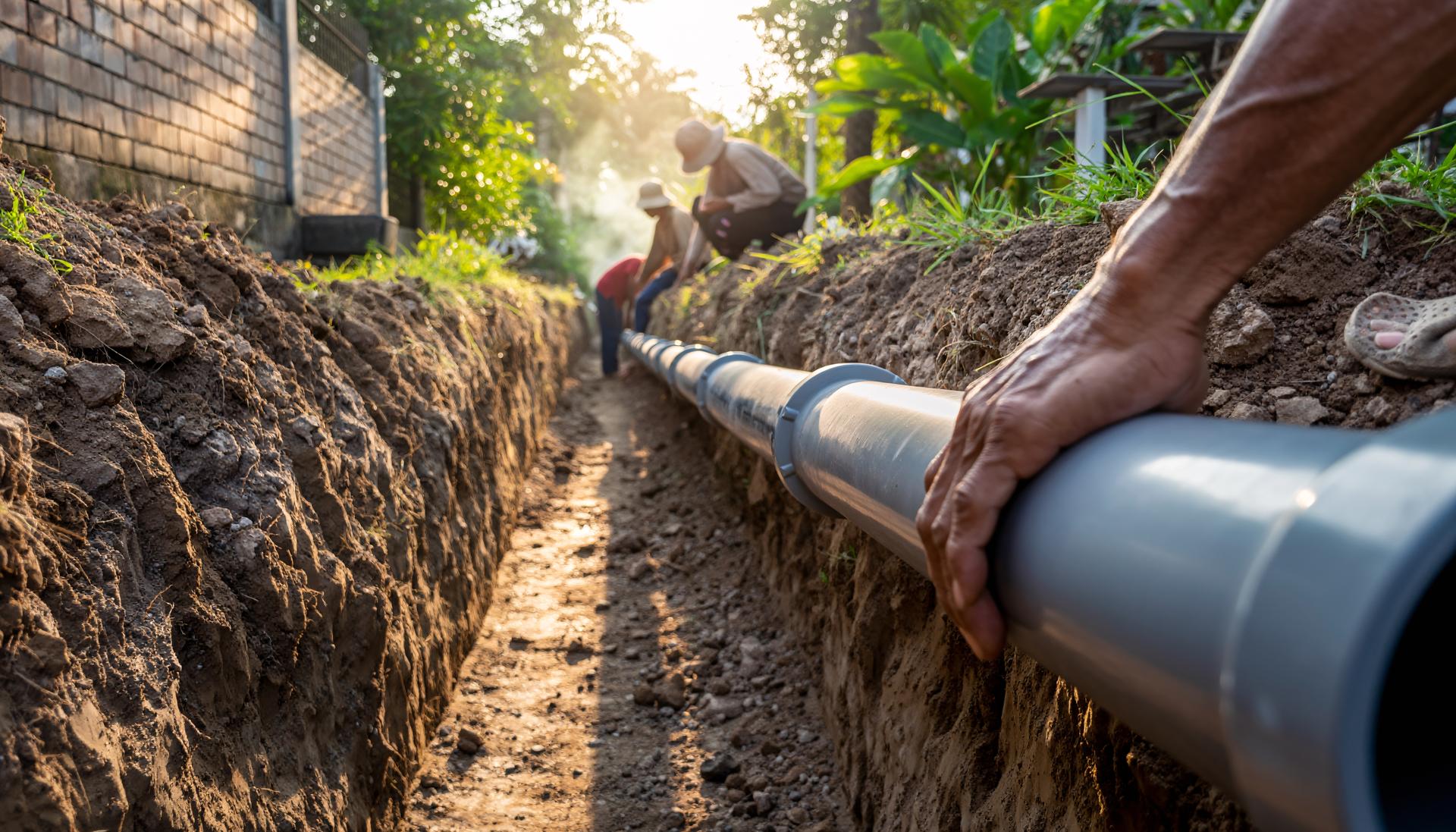 Construction Workers Laying Large Plastic Pipe in Trench at Sunset